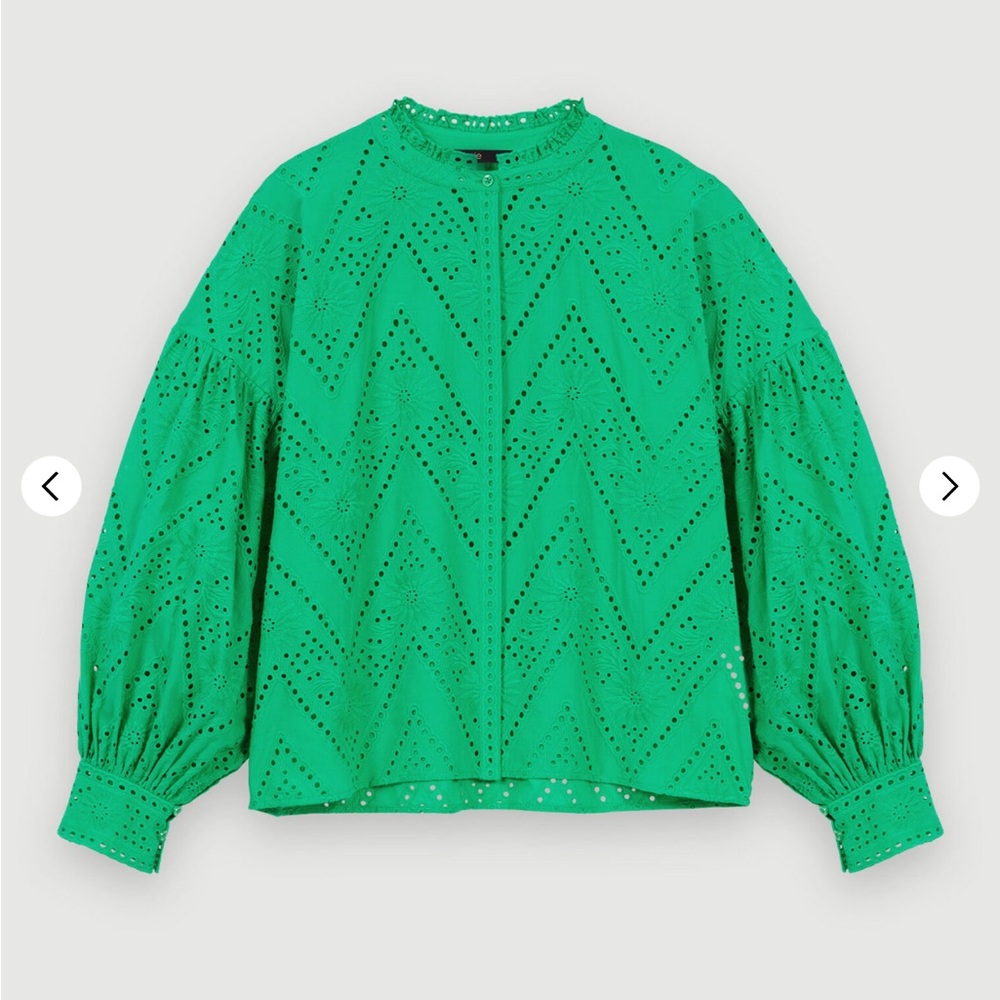 Maje Green Blouse with Puff Sleeves and Chevron Pattern